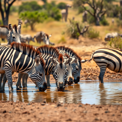 Capture a group of zebras drinking at a waterhole in a savanna setting with a shallow depth of field, using a full-frame DSLR at f/4.0, ISO 200, 1/500s shutter speed, center composition, and natural light to enhance clarity and detail.