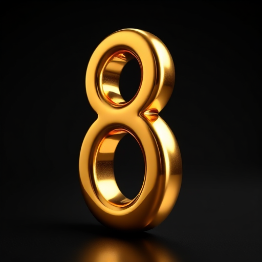 create a shiny gold number 8 with a smooth reflective surface, high resolution, DSLR camera, 50mm lens, aperture f/2.8, ISO 100, soft diffused lighting, focus on the number with a blurred background.