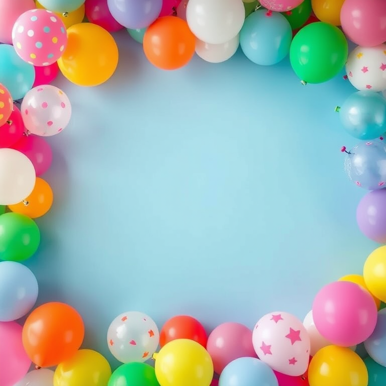Create a vibrant image of a colorful balloon border featuring various shapes and patterns, with a blank central area for text, using a high-resolution camera with a 50mm lens, f/2.8 aperture, ISO 100, and natural lighting for enhanced clarity and color saturation.