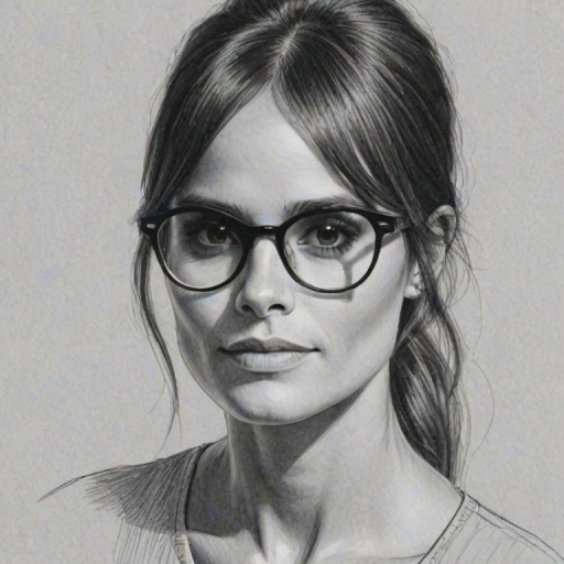 Captivating Jordana Brewster, pencil sketch, portrait of Bewitching woman 1970s in glasses, hair style beatnik, outline, clear lines, fine lines, 8k