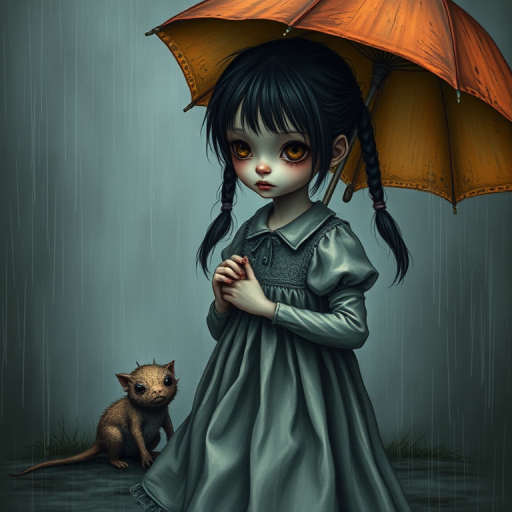 An eerie, weird little girl with dark hair in thin pigtails, wearing a smock dress, standing in the rain, holding a dirty orange umbrella, a small, odd creature beside her. In a surreal style inspired by Nicoletta Ceccoli and Brian Froud. Dark fantasy themes