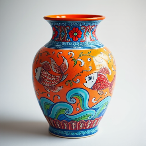 A brightly colored ceramic vase with intricate designs of fish and waves, shot with a Canon EOS R5, 50mm lens, f/1.8 aperture, 1/100 sec shutter speed, neutral lighting, centered composition, high dynamic range for enhanced details.