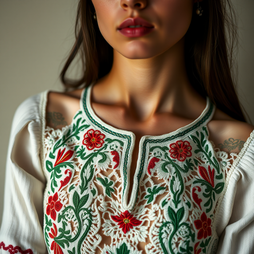 Face, shoulders, chest covered in openwork Ukrainian embroidery. Raw, unedited image.