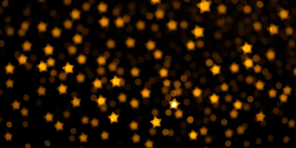 Create an image of a sparkling scatter of golden stars on a black background, using a DSLR camera with a 50mm lens, aperture set to f/1.8, ISO 100, and a shallow depth of field for enhanced image quality, taken from a slightly elevated angle.