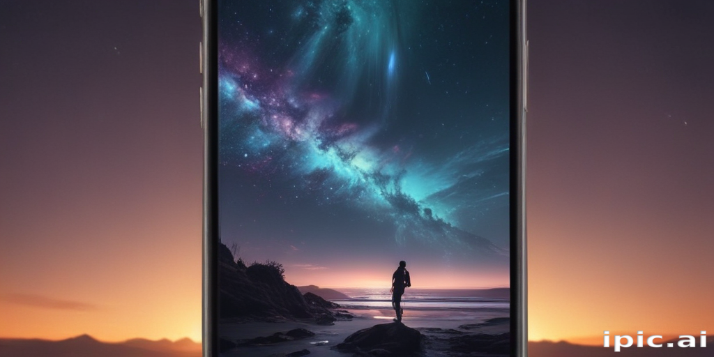 A Majestic Cosmic Landscape Displayed on a Smartphone at Sunset