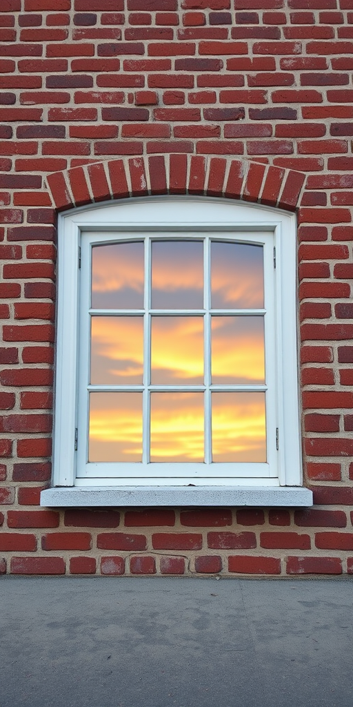 regenerate an image of a white-framed window set in a rustic red brick wall capturing the reflection of the sky, taken with a DSLR camera at 50mm, f/8 aperture, ISO 100, with a natural light evening setting for enhanced detail and contrast