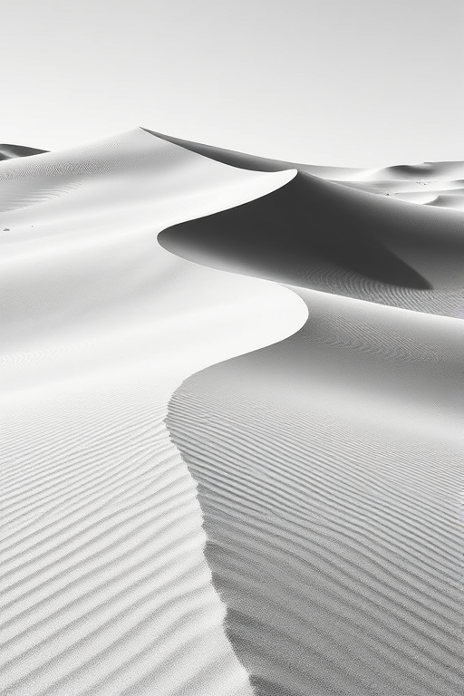 high-resolution image of sand dunes in black and white, focus on texture and shadows, camera settings: ISO 100, aperture f/8, shutter speed 1/250s, camera view: wide angle, camera style: minimalistic, camera type: DSLR
