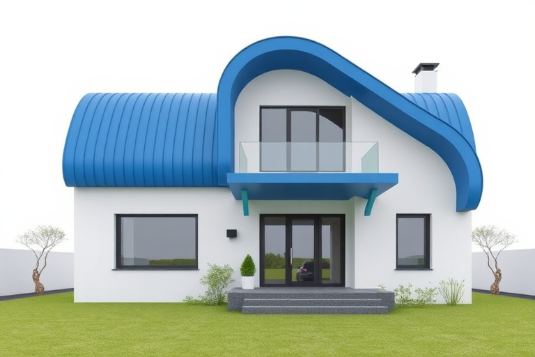 Generate a 3D rendering of a modern house with a blue curved roof and white walls, captured with a Canon EOS R5 at f/8, ISO 100, 50mm lens, using a wide-angle view and high dynamic range settings for enhanced depth and clarity.
