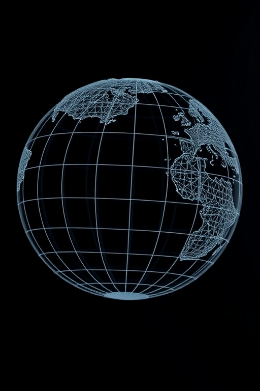 Create a high-resolution, three-dimensional wireframe globe with a black background, using a Canon EOS 5D Mark IV with a 50mm lens at f/8, ISO 100, and a shutter speed of 1/125s, captured from a slightly elevated angle to provide depth and perspective.