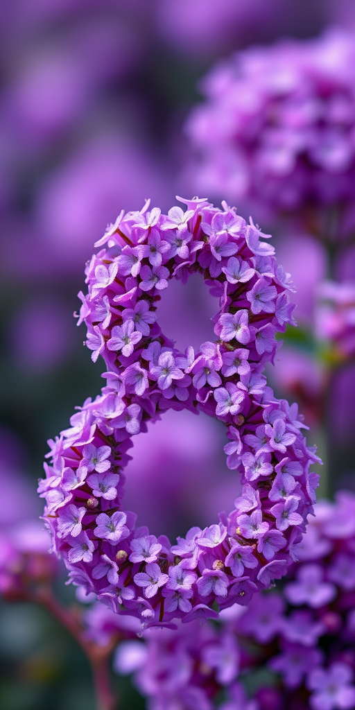 Create an image of the number 8 made up of delicate purple flowers, with small petals dispersing outward, shot with a Canon DSLR at f/2.8, 50mm lens, in a shallow depth of field, capturing a vibrant and soft background.