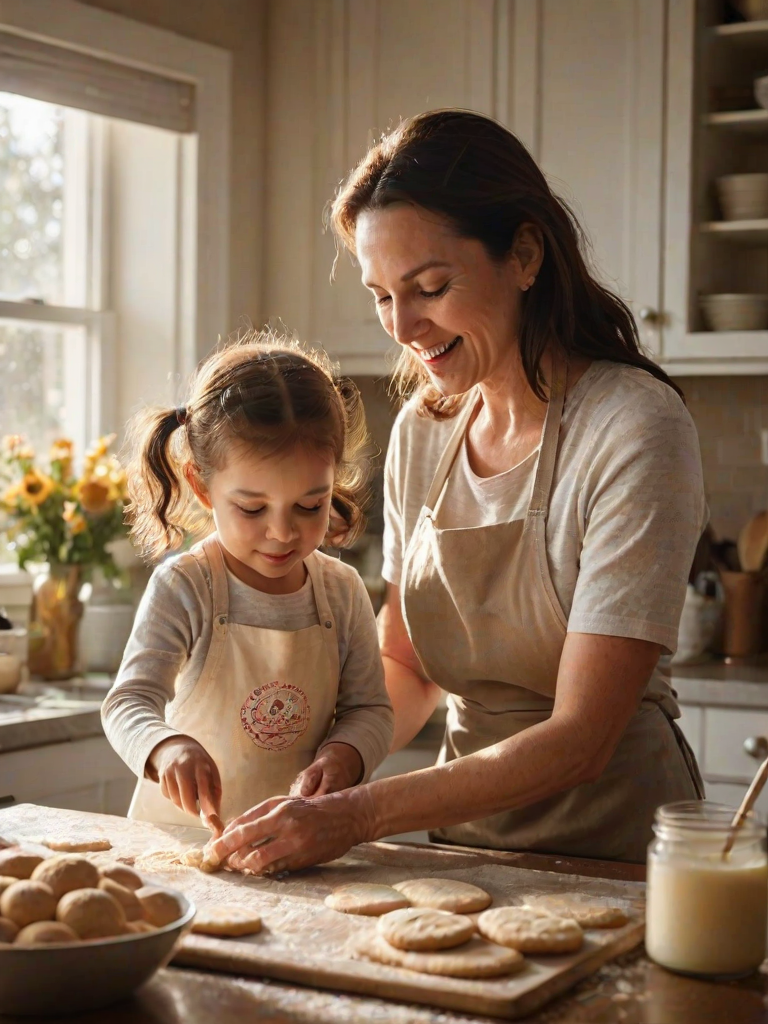 Warm, softly lit image of a mother and child baking cookies together in a cozy kitchen, flour dusting the countertops, the smell of vanilla filling the air, sunlight streaming through the window, the child's face lit up with joy as they mix the dough.