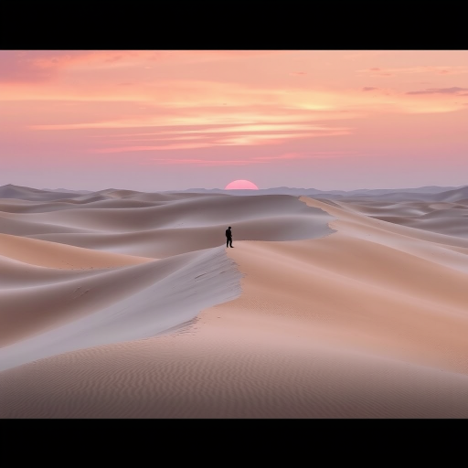 Wind-swept desert dunes, with a solitary figure walking along the crest, the sky turning shades of pink and purple as the sun sets.