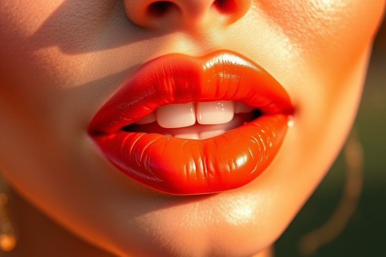 Vibrant coral "Sunset Bliss" lip color adorns full, luscious lips with a glossy finish, reflecting warm golden hues and subtle shimmer for a radiant, sun-kissed glow