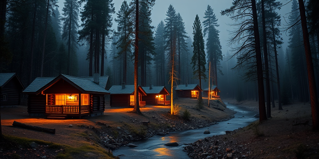 regenerate an enchanting forest landscape featuring cozy log cabins illuminated at dusk near a winding stream, with foggy trees in the background, using a DSLR camera with a 35mm lens, f/2.8 aperture, ISO 200, shutter speed 1/60s, set in a low-angle perspective to enhance depth and detail in the scenery