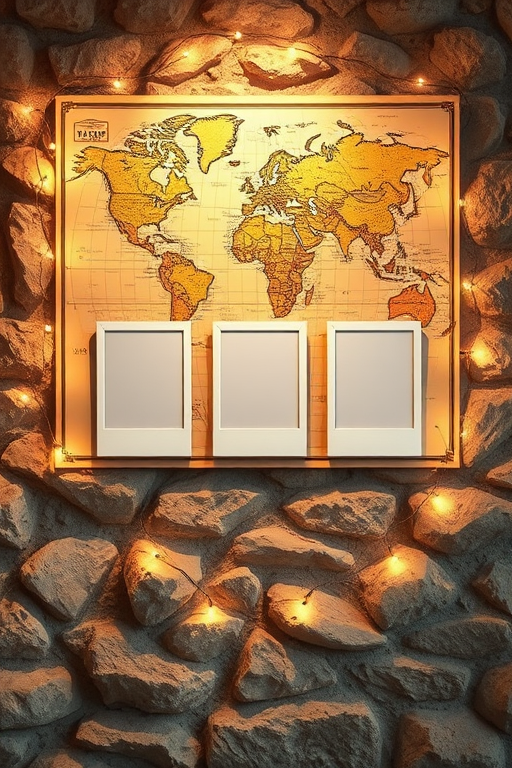 Create a cozy, warm-toned image of a rustic stone wall adorned with a vintage map, featuring three empty polaroid frames in the center, surrounded by soft, glowing fairy lights, captured with a DSLR camera at 50mm focal length, f/1.8 aperture, ISO 200, and natural lighting for a dreamy effect.
