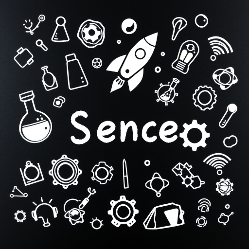 Create an illustration of doodles on a black background featuring science and technology symbols like a beaker, rocket, lightbulb, gears, and Wi-Fi icons, using a high-resolution camera setup at f/8 aperture, ISO 200, 24mm focal length, top-down angle, and natural lighting for enhanced clarity and detail.