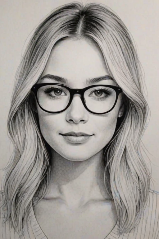 Charming Katrina Bowden, pencil sketch, portrait of Charming woman 1969s in glasses, hair style beatnik, outline, clear lines, fine lines, 8k