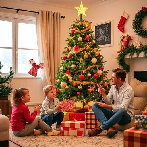 Create a cozy holiday scene featuring a family gathered around a beautifully decorated Christmas tree. Include children playing with gifts, a cheerful adult enjoying the moment, and a warm, inviting atmosphere with festive decorations and a cozy living room setting.