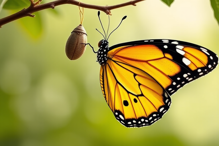 Generate an image of a butterfly emerging from its chrysalis, showcasing vibrant yellow wings with black patterns, hanging from a branch. The background should be soft and blurred, emphasizing the butterfly and its surroundings.