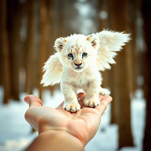 A small, white lion cub with angelic wings standing on a human hand. The cub has a soft, fluffy texture with detailed fur, expressive blue eyes, and a curious expression. The wings are large and feathery, blending seamlessly with its fur, giving an ethereal appearance. The background is a winter forest, with the ground covered in snow and blurred brown trees, creating a serene atmosphere. The human hand in the foreground is positioned palm-up, supporting the lion cub gently, fingers slightly curled. The lighting is soft and diffused, enhancing the tender and magical feel of the scene. Colors are predominantly neutral with white, cream, and soft browns, contrasting with the subtle blue of the lion cub's eyes. The overall composition is balanced, with the cub at the center, creating a focal point that draws the viewer's attention immediately.