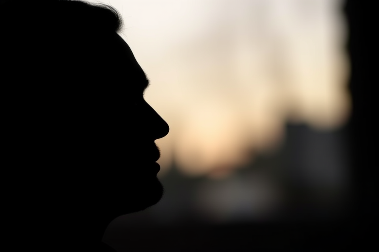Create a high-resolution silhouette of a man's profile, soft focus, f/2.8 aperture, 50mm lens, shot in natural light, DSLR camera, side view.