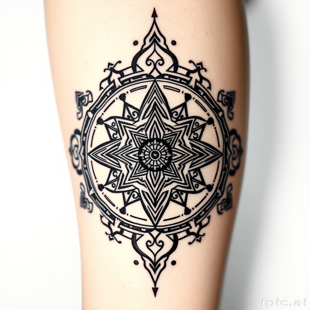 Ornamental blackwork tattoo named "Sacred Geometry" showcasing intricate patterns inspired by ancient symbols and mathematical concepts, known for its symmetrical designs and spiritual significance