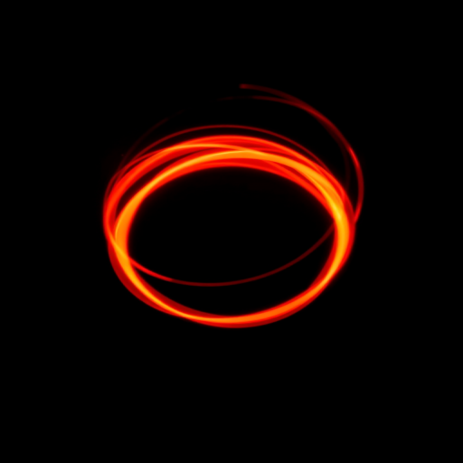 Create a radiant orb with swirling red and orange light spirals on a black background, using a Canon EOS R camera with a 50mm lens, aperture f/1.8, ISO 100, shutter speed 1/60 sec, shot from a close-up perspective with a high-contrast setting.