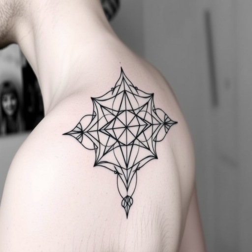 Minimalist blackwork tattoo named "Geometric Elegance" showcasing intricate patterns of thin lines forming complex shapes and sacred geometry, utilizing negative space for a striking contrast