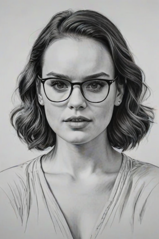 Lovely Daisy Ridley, pencil sketch, portrait of Delightful woman 1939s in glasses, hair style beatnik, outline, clear lines, fine lines, 8k