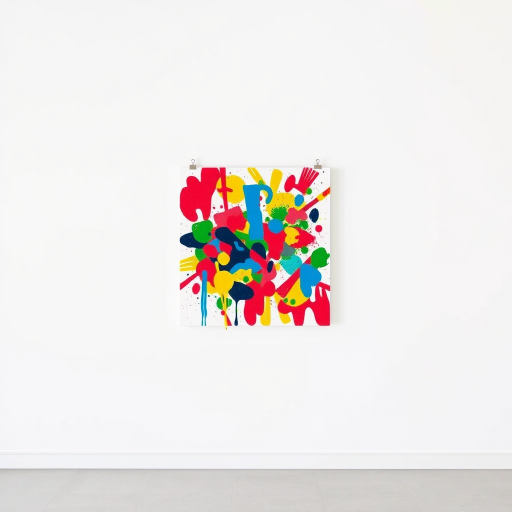 Create an image that features a colorful, abstract painting on a white wall. The painting should be vibrant and filled with various shapes and colors, including red, blue, yellow, and green. The wall should be a clean, stark white, allowing the painting to be the central focus. The painting should be hung in the center of the image, with the wall filling the rest of the frame.