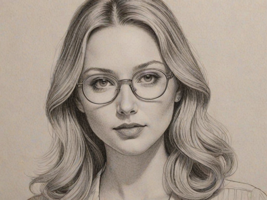 Delightful Elisabeth Harnois, pencil sketch, portrait of Elegant woman 1978s in glasses, hair style beatnik, outline, clear lines, fine lines, 8k