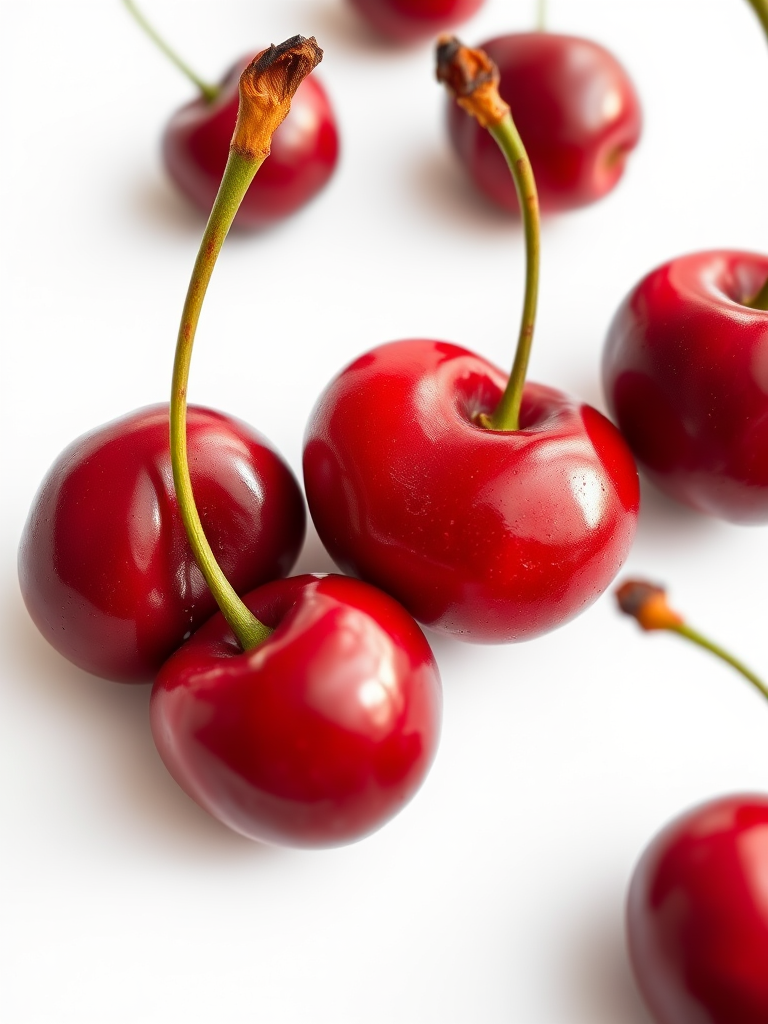 high-resolution image of shiny red cherries on a clean white background, macro lens, f/2.8 aperture, 50mm focal length, soft natural lighting, top-down view, DSLR camera