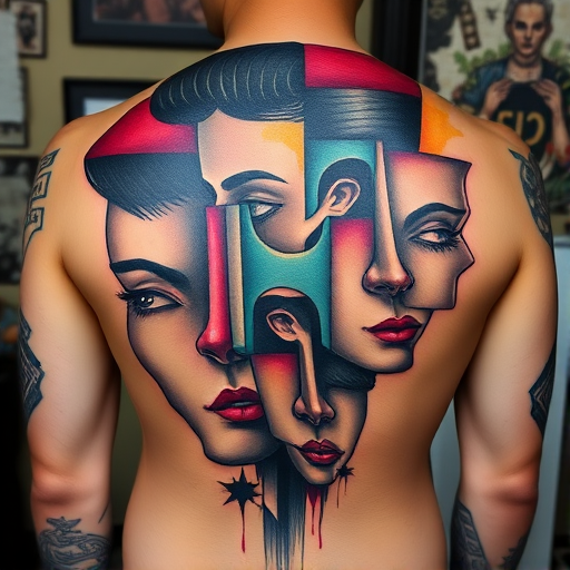 Avant-garde tattoo combining elements of cubism and surrealism on the back, featuring distorted faces and abstract shapes in bold, contrasting colors