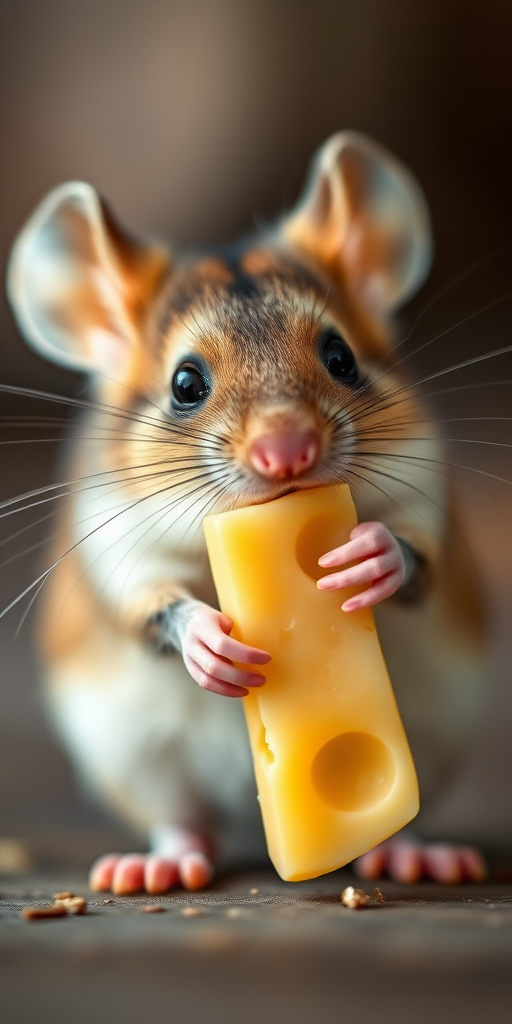 A close-up shot of a cute mouse holding a piece of cheese, soft focus background, ISO 100, f/2.8 aperture, 50mm lens, natural lighting with a warm tone, shallow depth of field, DSLR camera.