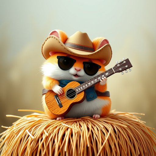 A chibi hamster, dressed as a cowboy, playing guitar, sitting on a hay bale