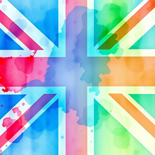 Create a vibrant watercolor depiction of the Union Jack flag with a soft gradient background in shades of blue and green, using a DSLR camera with a 50mm lens, aperture set to f/1.8, ISO 100, and a slight bokeh effect for added depth.