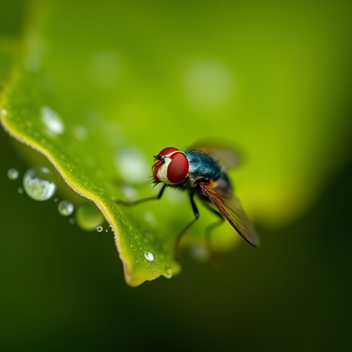 Macro shot of a fly on a green leaf with dew drops, using a Canon EOS 5D Mark IV, 100mm f/2.8L macro lens, aperture f/4, ISO 100, shutter speed 1/200s, natural light, shallow depth of field, focused on the fly with soft bokeh background.