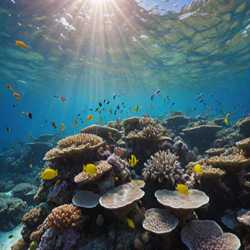 Vibrant coral reef teeming with marine life, schools of colorful fish swimming through the clear blue water, and sunlight filtering down from above.