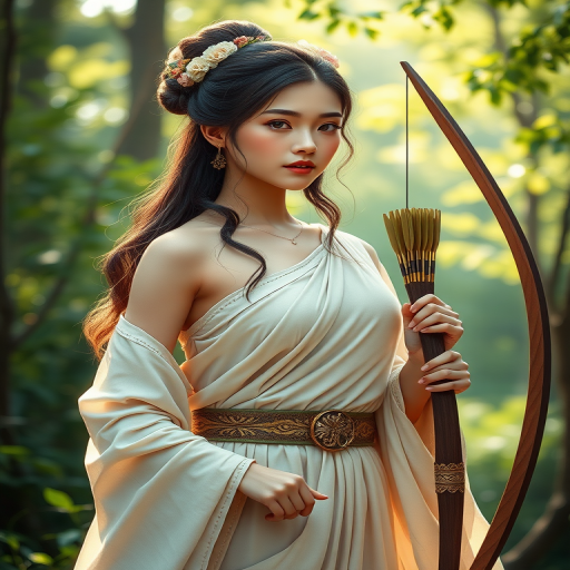 Create a portrait of a goddess-like Chinese girl figure in a tranquil, forested environment. She has an elegant appearance with long, wavy hair styled in an updo and adorned with a delicate, floral headband. She wears a flowing, ancient Greek-inspired gown in a soft, pale color, featuring a one-shoulder design and draped fabric that accentuates her graceful form. The outfit includes a decorative belt with ornate gold detailing, and she holds a bow in her hand, with a quiver of arrows slung over her shoulder. The background depicts lush greenery, with sunlight filtering through the trees, casting a gentle, ethereal light on the scene. Her expression is calm and contemplative, embodying a sense of wisdom and serenity.