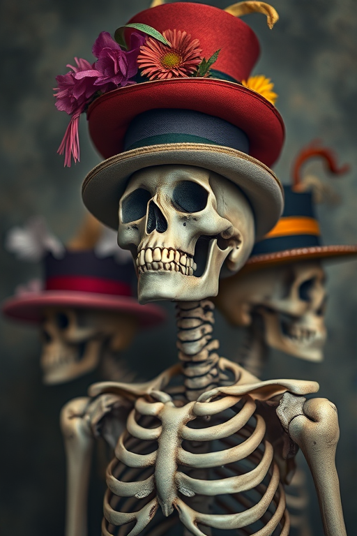 Create a surreal portrait of a stacked skeleton with elaborate hats, using a 50mm lens at f/1.8, 1/125 sec shutter speed, ISO 200, with soft, diffused lighting and a shallow depth of field to enhance details and colors.