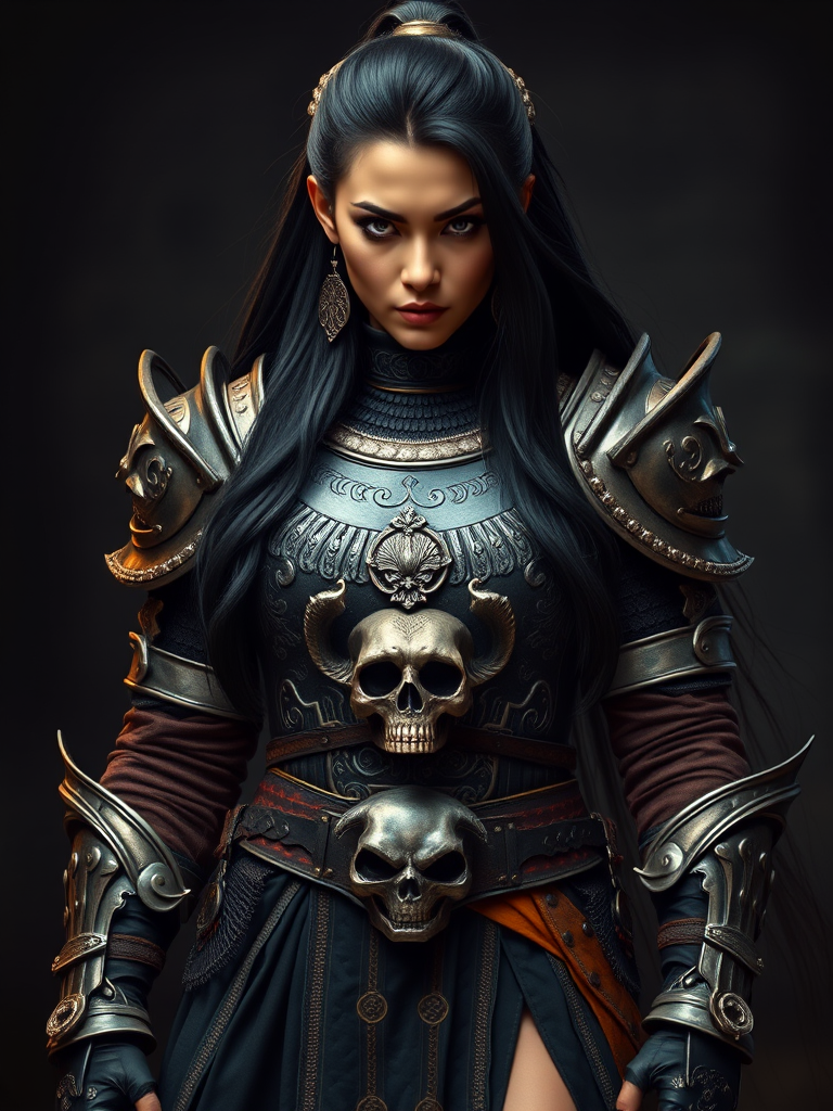 Create a photo of a fierce Bhutanese female warrior with long black hair, wearing an ornate, metallic armor. The armor includes a breastplate with intricate designs, shoulder guards, and gauntlets. The breastplate is decorated with a central emblem, possibly representing a mythical symbol, and has a sculpted, form-fitting design. She wears a belt with a large skull ornament at the center, and her armor extends into a partial skirt, revealing one leg. The overall look is both protective and stylish, with a dark, gothic aesthetic. The background is dimly lit, suggesting a medieval or fantasy setting, enhancing the warrior's imposing presence and intense expression.