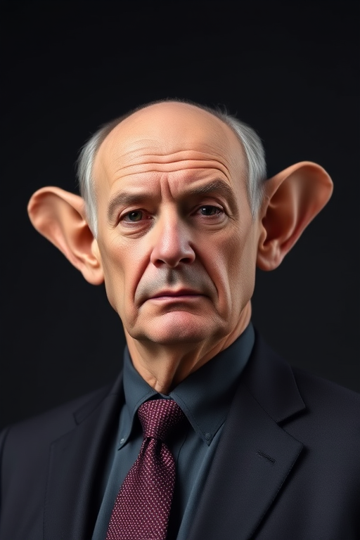 Create a portrait of a middle-aged man with exaggerated large ears, a serious expression, wearing a dark suit and tie, against a solid dark background, using a Canon EOS R5 camera, 50mm lens, aperture f/1.8, ISO 100, 1/200 sec shutter speed, in studio lighting for enhanced contrast and detail.
