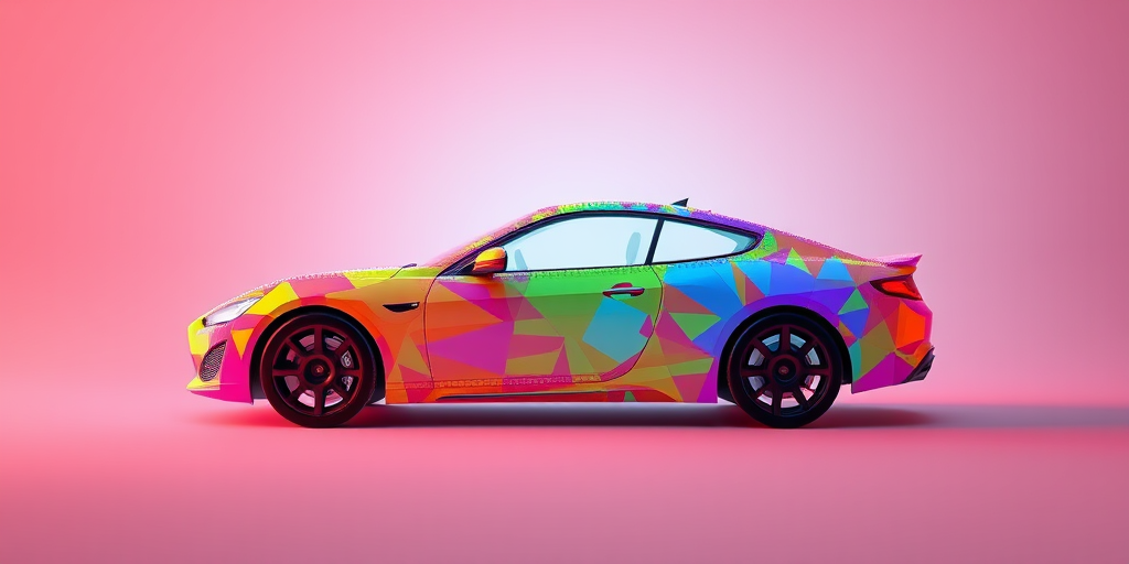 Create a 3D render of a car silhouette composed of colorful 3D pixels with a soft gradient background, using a Canon EOS R5, 35mm lens, f/4 aperture, ISO 100, at 1/250s with a shallow depth of field for stunning clarity and detail.