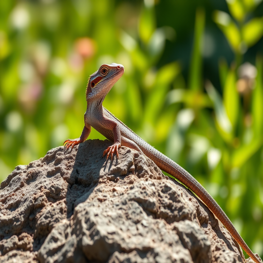 Generate a high-resolution image of a lizard perched on a rock with vibrant greenery in the background, shot with a DSLR camera at f/2.8 aperture, ISO 100, 1/400 sec shutter speed, in natural sunlight with a shallow depth of field for a blurred background effect.