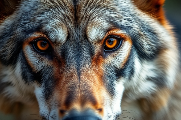 Generate a close-up portrait of a wolf with piercing amber eyes, shot at f/2.8 aperture, ISO 200, 1/500 sec shutter speed, using a DSLR camera with a 50mm lens in natural lighting to enhance detail and texture.