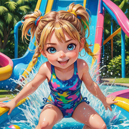 A sassy caricature toddler girl with medium highlighted hair in a messy braid, light eyes, fluffy long lashes, silly funny faces, wearing a colorful swimsuit, going down a waterslide face first, lots of water, created in highlighted chalk style, vibrant colors, background is a park with acrylic paint, airbrush