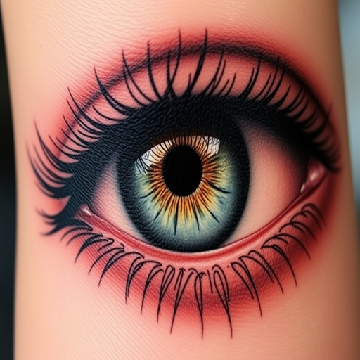 Hyper-realistic eye tattoo, "Window to the Soul," showcasing incredible detail in the iris, pupil, and surrounding skin, with subtle color gradients and precise highlighting to create a lifelike 3D effect, perfect for placement on the inner arm or back of the hand