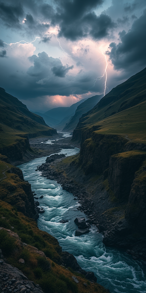 Generate a high-resolution image of a dramatic valley scene with a turbulent river and dark storm clouds illuminated by lightning, using a DSLR camera with a 24mm lens, aperture f/8, ISO 400, shutter speed 1/250s, captured from a high vantage point to emphasize depth and scale.