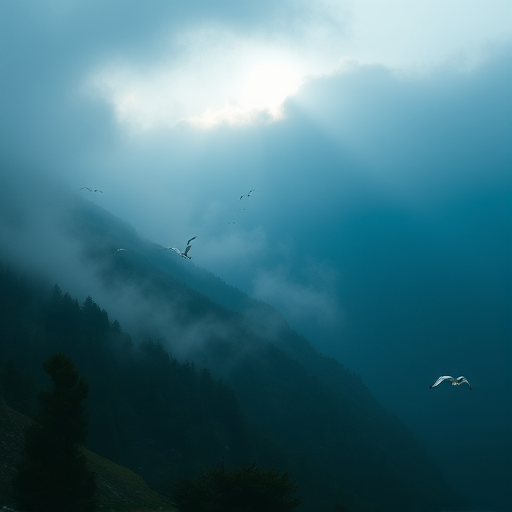 Generate a serene mountainous landscape shrouded in mist, emphasizing soft blues and muted greens, with a subtle sunbeam cutting through the fog, capturing birds flying in the distance, shot with a Canon EOS 5D Mark IV at f/8, ISO 100, 24mm focal length, using a wide-angle lens in soft focus for a dreamy effect.