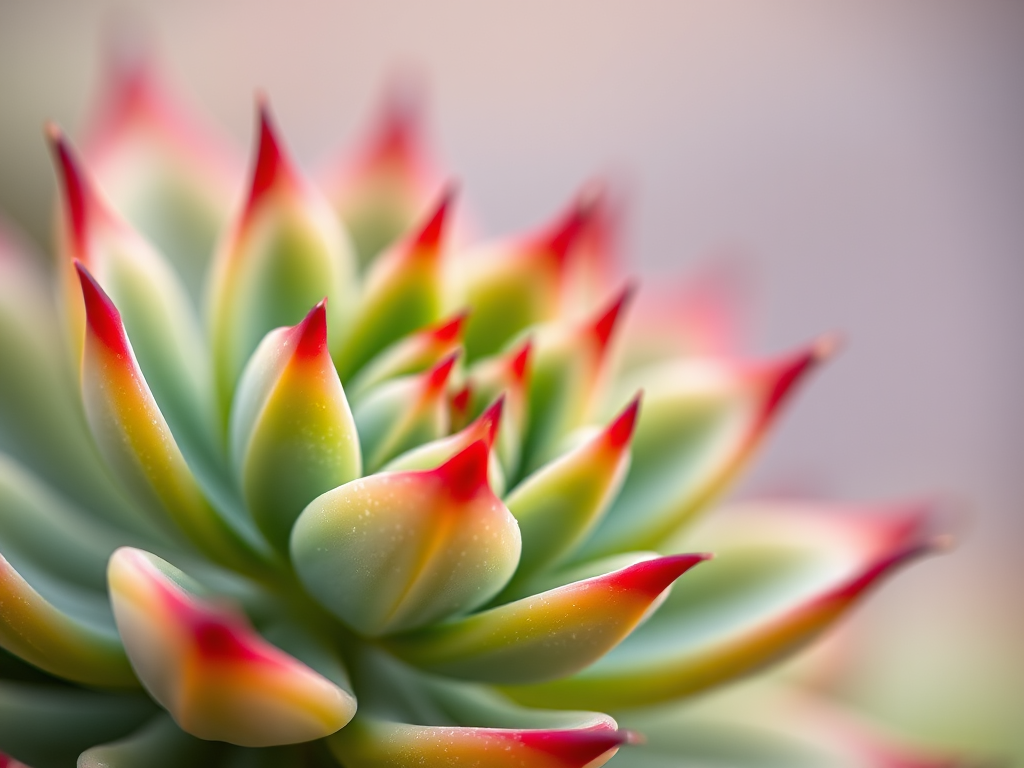 macro shot of a green succulent plant with red tips, soft focus background, f-stop 2.8, shutter speed 1/100s, ISO 100, 100mm lens, natural light, DSLR camera